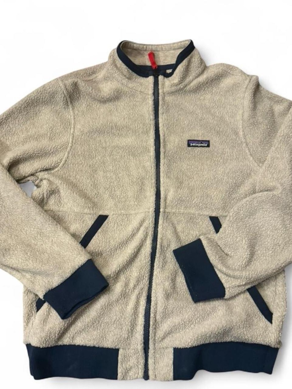 Patagonia Beige Sherpa Fleece Jacket with Navy Trim